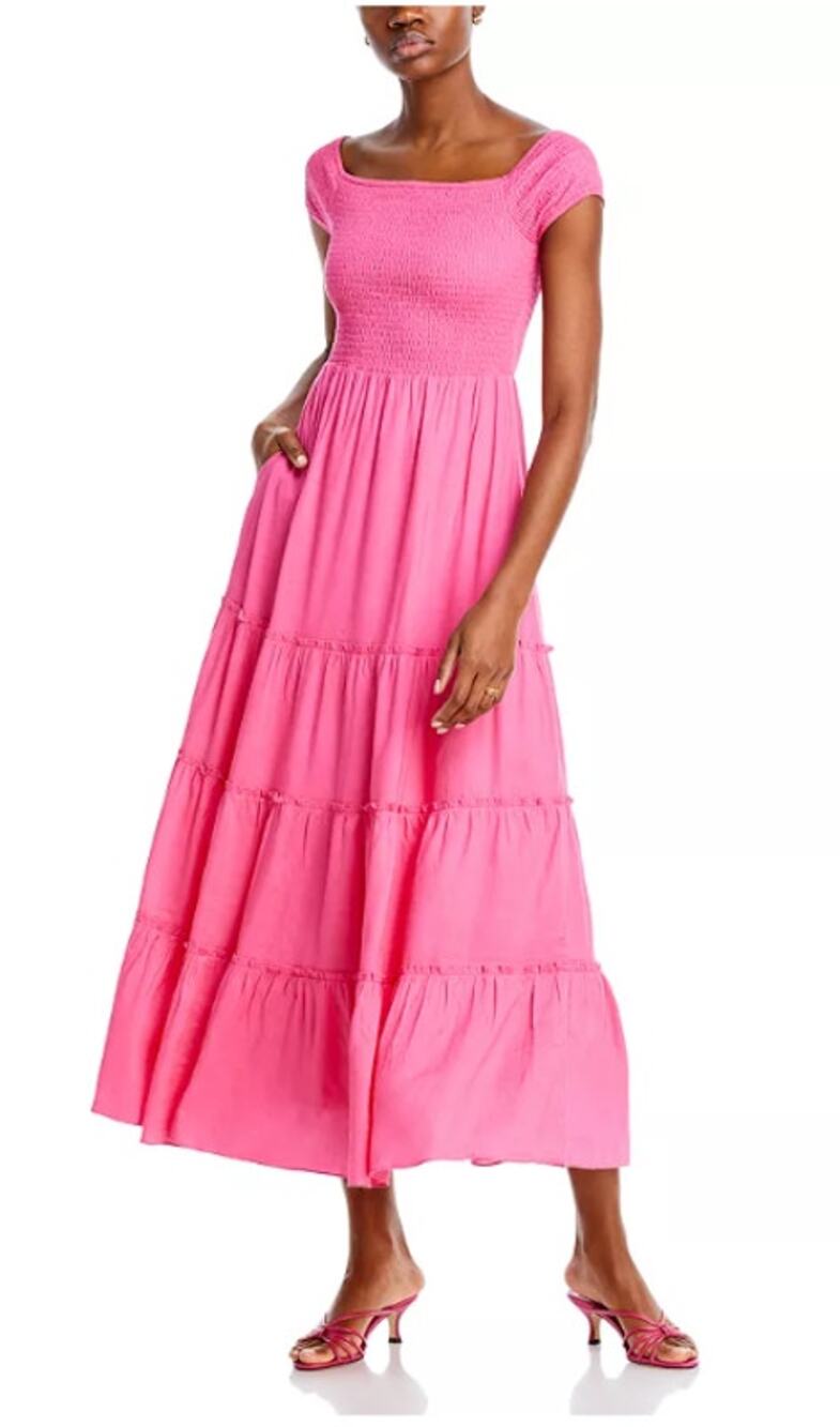 LUCY PARIS WOMENS XSMALL SMOCKED TIERED LINEN BLEND MAXI DRESS PINK NEW